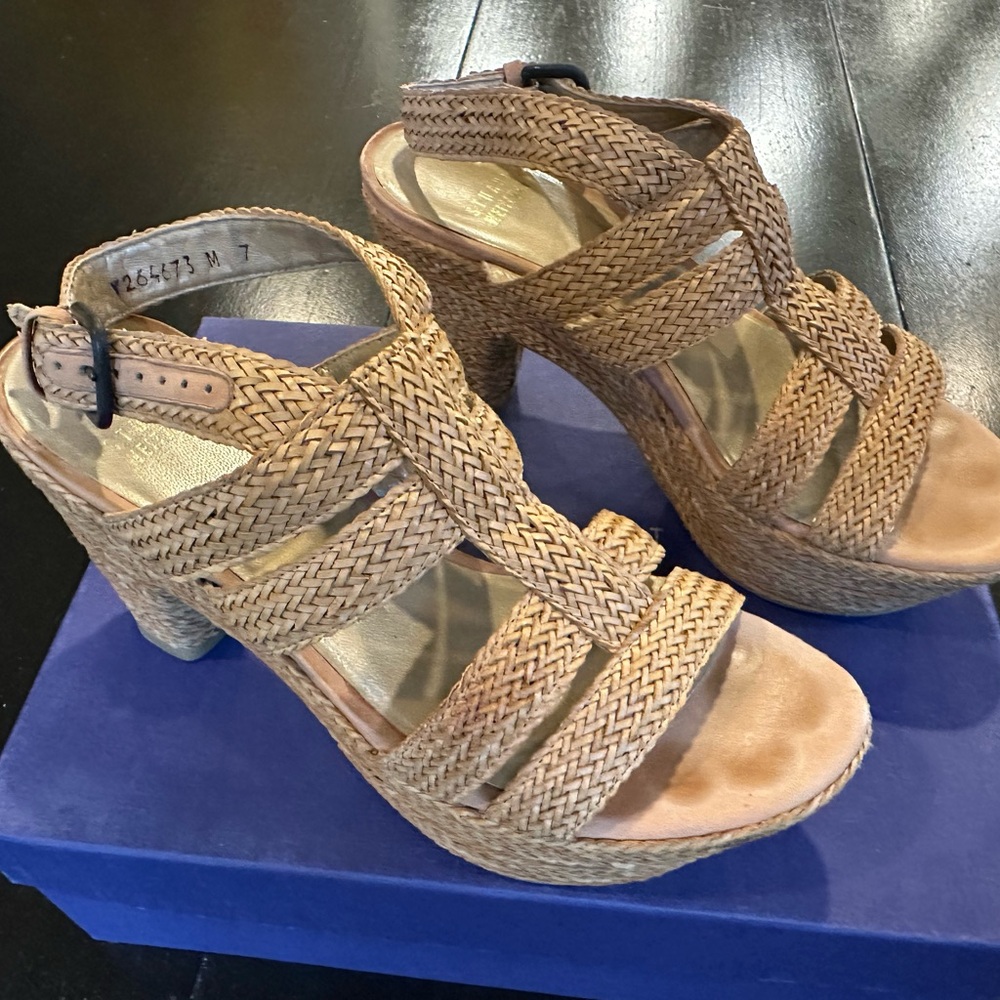 Stuart Weitzman Tan Woven Sandals with High Wedge